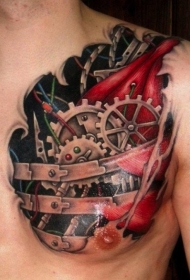 男性胸部彩色机械齿轮与心脏纹身图案