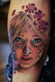 小腿墨西哥传统风情美女和花朵纹身图案