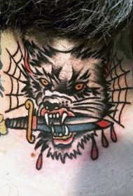 颈部old school疯狼血淋淋的匕首蜘蛛网纹身图案