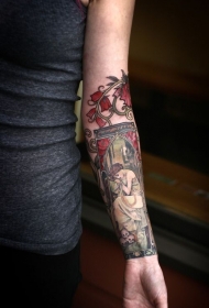 手臂old school五彩的伤心女人肖像纹身图案