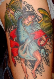 腰侧彩色Saint michael宗教纹身图案