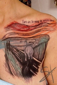 胸部英文字母和尖叫的幽灵线条纹身图案