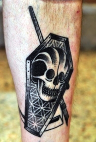 小腿old school黑白棺材骷髅和镰刀纹身图案
