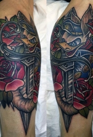 小腿new school邪恶鸭子与花朵彩色纹身图案