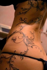 背部可爱的黑色线条藤蔓花朵纹身图案