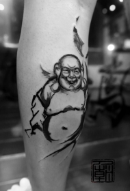 小腿黑色滑稽弥勒佛雕像纹身图案