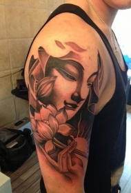 大臂黑灰风格如来佛祖与莲花纹身图案