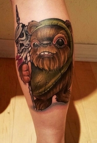 腿部卡通彩色小熊纹身图案