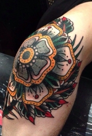 腿部彩色old school花朵纹身图片
