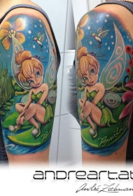 大臂插画风格彩色卡通精灵纹身图案