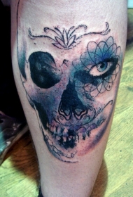 小腿超现实主义风格神秘骷髅纹身图案
