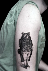 手臂雕刻风格的黑灰小浣熊先生纹身图案