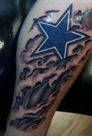 小腿蓝色五角星和撕皮纹身图案