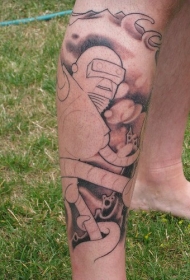 腿部棕色大白色机器人纹身图片