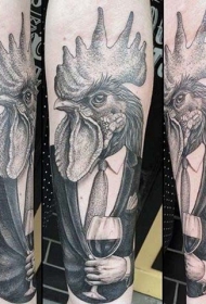 滑稽的黑灰绅士公鸡和酒杯纹身图案