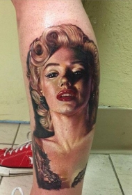 腿部彩色新学校风格欧美女人肖像纹身