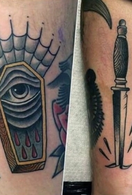 old school彩色蜘蛛网棺材和匕首纹身图案