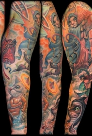 胳膊彩色天空之城心脏猫纹身图案