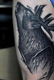 大腿old school黑灰鹿头纹身图案