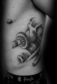 侧肋素描风格黑色发动机配件纹身图案