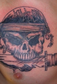 骷髅头和刀片胸部纹身图片