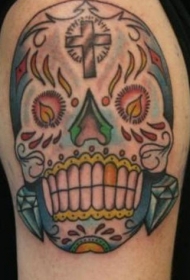 肩部个性设计彩色骷髅头纹身图案