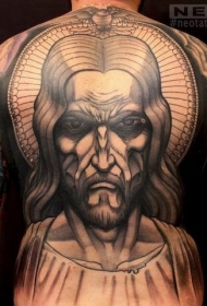 背部彩色愤怒的耶稣肖像纹身图案