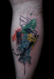 腿部几何风格的彩色纹身图案