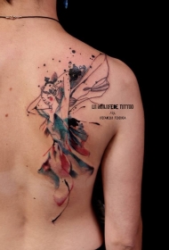 背部彩色泼墨美丽的女孩纹身图案