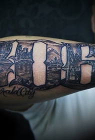 小臂抽象数字与城市景观个性纹身图案
