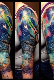 大臂水彩风格彩绘卡通潘裕文和帆船纹身图案