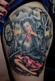 大腿old school彩色手绘美女纹身图案