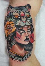 新的学校风格的彩色老虎帽女人纹身图案