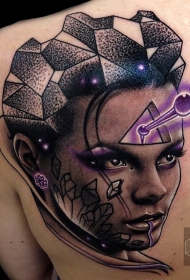 new school肩胛有趣的几何点刺头发女人肖像纹身图案