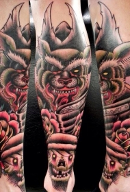 腿部全新学校风格彩海盗狼头骨纹身