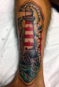 腿部老流派彩色大灯塔纹身图案