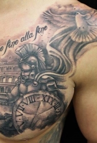 胸部令人印象深刻的黑色武士和鸽子纹身图案