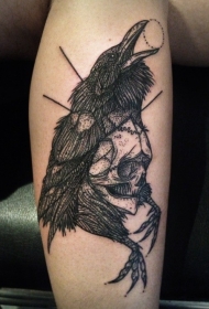黑色骷髅与乌鸦纹身图案
