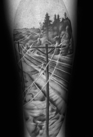 逼真的黑色电力线路与道路纹身图案
