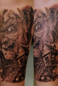 手臂棕色恐怖女巫与房屋纹身图案