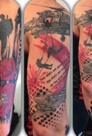 肩部彩色军事飞机纪念字母纹身