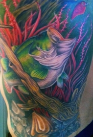 背部华丽的五彩鱼类纹身图案