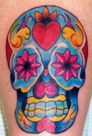腿部彩色水晶骷髅纹身图案
