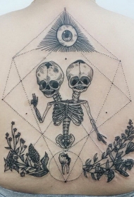 背部雕刻风格黑色线条点刺骷髅几何植物纹身图案