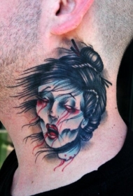男性脖子老学校彩色血腥人物纹身
