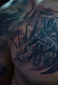 胸部黑色的黑暗幻想战士纹身图案