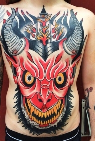 胸部和腹部new school燃烧教堂和魔鬼头纹身图案