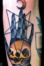 old school彩色人手与骷髅月亮纹身图案