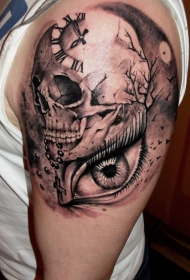 大臂骷髅和眼睛时钟纹身图案