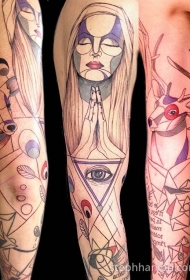 手臂彩色素描风格套各种动物与女人纹身